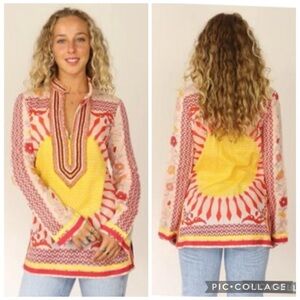 Vintage Tory Burch Giverny Engineer Beaded Voile Pnk Multi Sunburst Tunic Size 2